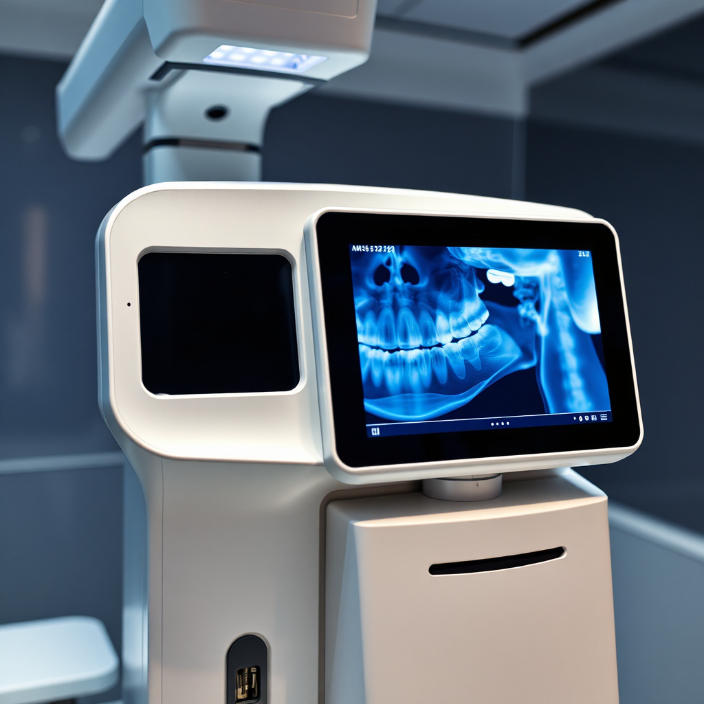 An image showcasing a state-of-the-art digital X-ray machine capturing a detailed image of a patient's teeth. The device is sleek and modern, with a screen displaying the X-ray image in high resolution. The lighting should be futuristic and cool, highlighting the advanced technology. The color palette focuses on metallic silvers, blues, and whites, creating a sense of technological sophistication. The camera angle is slightly angled, showcasing both the machine and the resulting image. The overall atmosphere conveys accuracy, precision, and innovation in dental diagnostics.