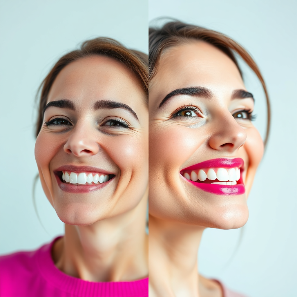 An image showcasing the transformation achieved by a professional teeth whitening treatment. The before and after comparison shows dull, discolored teeth transforming into a brilliantly white and radiant smile. The lighting is bright and flattering, accentuating the enhanced whiteness. The color palette is clean and vibrant, emphasizing the fresh, clean look of the whitened teeth. The composition is split down the middle, clearly showcasing the difference in shade. The overall aesthetic conveys confidence and beauty.