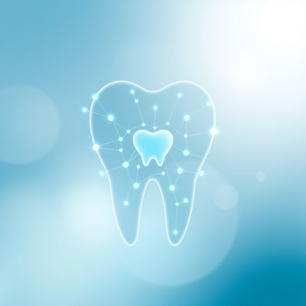 Create a 4K resolution, high-quality image representing Nova Dental Studio's commitment to modern dentistry. The image features a stylized abstract representation of a tooth, composed of interconnected, glowing nodes symbolizing advanced technology and comprehensive care. The color palette uses cool blues, greens, and whites to convey a sense of cleanliness and innovation. The background is a softly blurred gradient, adding depth and visual interest. The lighting is subtle and diffused, emphasizing the interconnectedness of the nodes. The overall style is modern and minimalist, reflecting a forward-thinking approach to dental practice. The composition should be balanced and visually appealing, communicating the idea of interconnected dental treatments leading to a healthy and complete smile. Consider incorporating subtle hints of organic shapes to represent the natural aspect of dental health.
