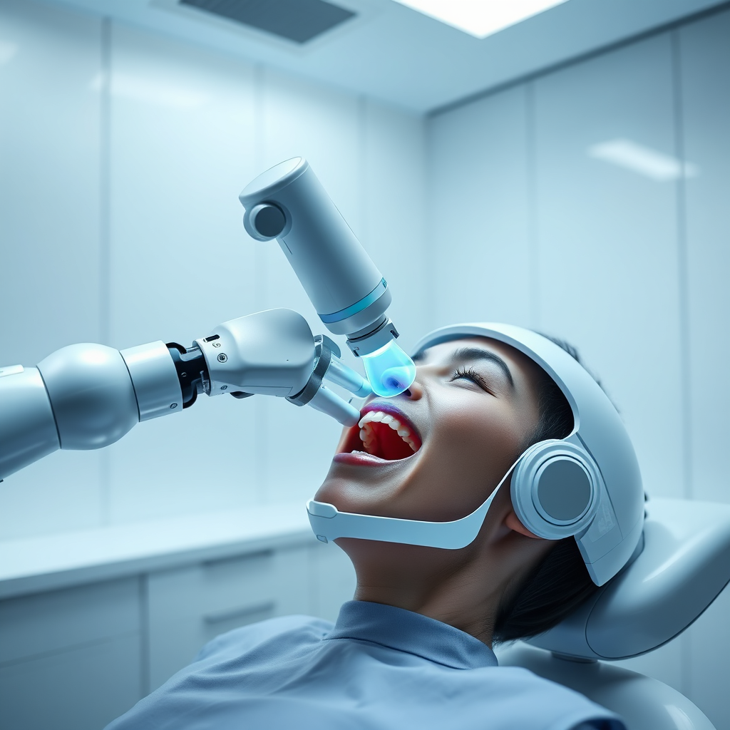 Create a futuristic image showcasing advanced dental technology. A sleek, robotic arm gently maneuvers a high-tech scanner inside a patient's mouth. The lighting is crisp and cool, highlighting the precision of the equipment. The background is a minimalist dental operatory with clean lines and modern design. The color palette is predominantly silver, white, and blue, conveying a sense of innovation and efficiency. The camera angle is a medium shot, emphasizing the interaction between the robotic arm and the patient. The overall style is clean and futuristic, representing the cutting-edge technology used in modern dentistry.