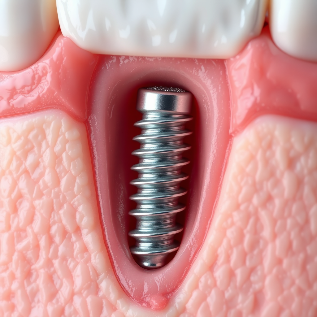 Create a photorealistic, cross-sectional view of a dental implant seamlessly integrated into the jawbone. The implant should look strong and secure, with healthy gum tissue surrounding it. The lighting should be soft and even, highlighting the texture and details of the implant and surrounding tissue. The color palette is realistic, with natural tones of pink and white. The camera angle is a close-up, allowing for a detailed view of the implant and its integration. The image should convey stability, durability, and a natural aesthetic.