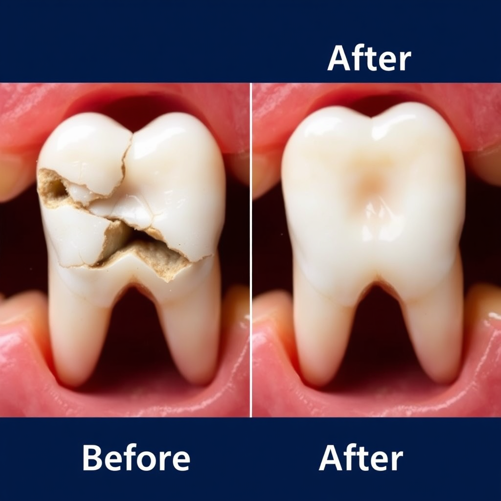 Create an image displaying a before-and-after transformation of a damaged tooth being restored to its original state. The 'before' side shows a cracked or decayed tooth, while the 'after' side shows a perfectly restored tooth with a natural-looking filling or crown. The lighting is even and clear, highlighting the details of both teeth. The background is a simple gradient, focusing attention on the transformation. The color palette is neutral, allowing the tooth's natural color to shine through. The camera angle is a close-up, emphasizing the details of the restoration process. The image should convey a sense of hope and restoration.