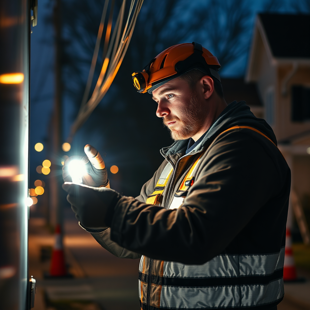 A dramatic image depicts an electrician responding to an emergency electrical fault during twilight hours. The environment shows a residential street with lights flickering. The electrician is illuminated by the glow from their work light as they diagnose a problem, wearing a headlamp for clarity. Tools and safety cones are present, emphasizing the urgency of the task. The color palette is darker, with warm highlights creating a stark contrast. The image should be in high-quality 4K resolution.