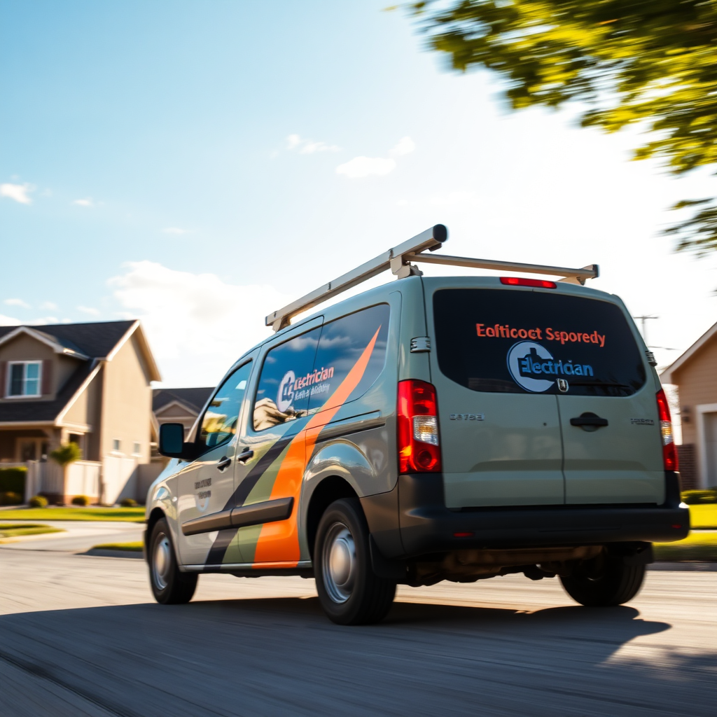 A dynamic image depicts an electrician promptly responding to a service call, showcasing professionalism and speed. The setting is a suburban neighborhood in George with a focus on the moving vehicle carrying logo branding. The sky is bright and clear, symbolizing efficiency and reliability. The electrician is captured in motion, demonstrating readiness and responsiveness. The overall vibe is energetic and positive, using vibrant colors. The image should be in high-quality 4K resolution.