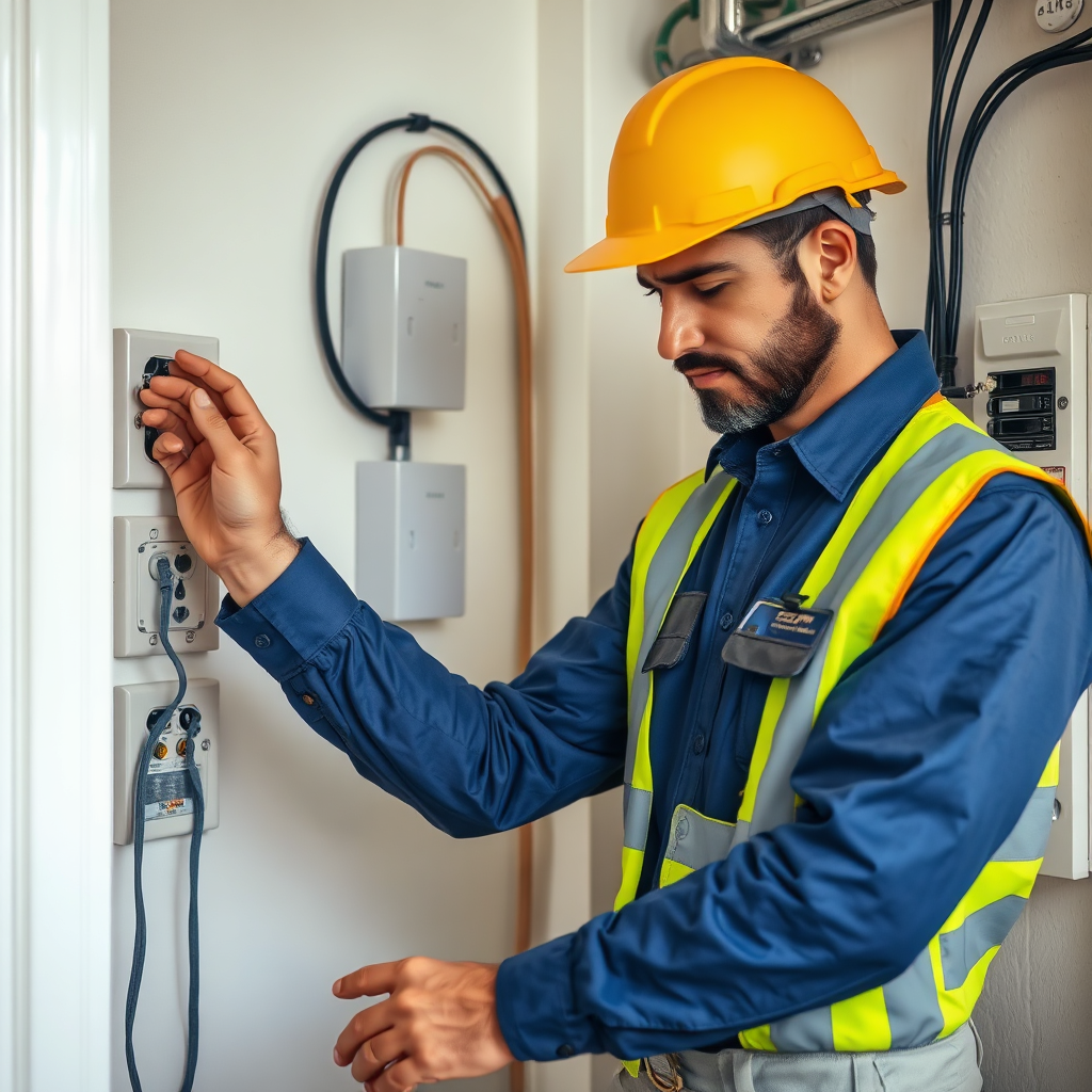 A photorealistic image captures an electrician conducting an electrical inspection at a residential property. The electrician is seen checking outlets and breaker panels, with safety gear on. The light source is natural, creating a clean and informative atmosphere. The environment is organized, reflecting professionalism and care. The composition focuses on the dispatcher thoroughly examining each detail to ensure safety. The image should be high-quality 4K resolution.