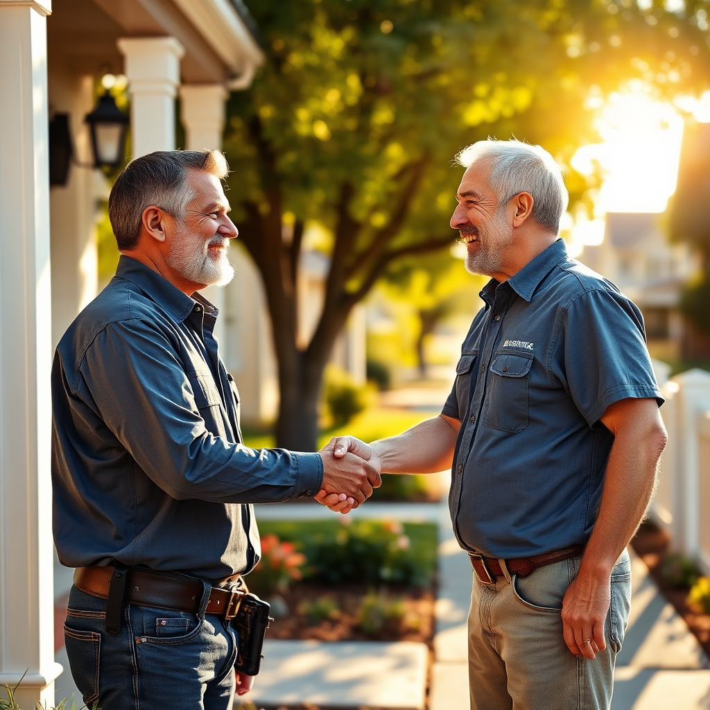 A photorealistic image captures an electrician shaking hands with a happy homeowner outside their house, symbolizing trust and community engagement in George. The background features a sunny, friendly street lined with houses, highlighting a strong neighborhood atmosphere. The electrician is dressed professionally, displaying company branding on their shirt. Warm sunlight illuminates the scene, creating a welcoming feeling. The image conveys the importance of local services through its composition and color palette. The image should be in 8K resolution.