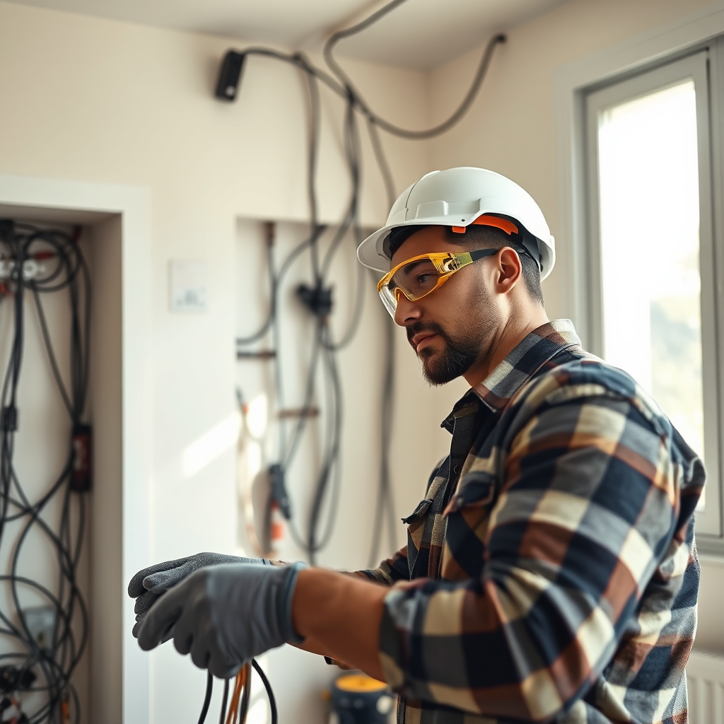 A photorealistic image of an electrician working on residential wiring, clearly showing the safety measures being followed. The image is set in a modern home with open walls revealing complex wiring systems. The electrician is focused, wearing gloves and safety goggles, surrounded by tools and materials. Natural light streams in, illuminating the work area and highlighting the importance of safety and reliability. The color palette is warm and inviting, promoting a sense of trust. The image should be in high-quality 4K resolution.