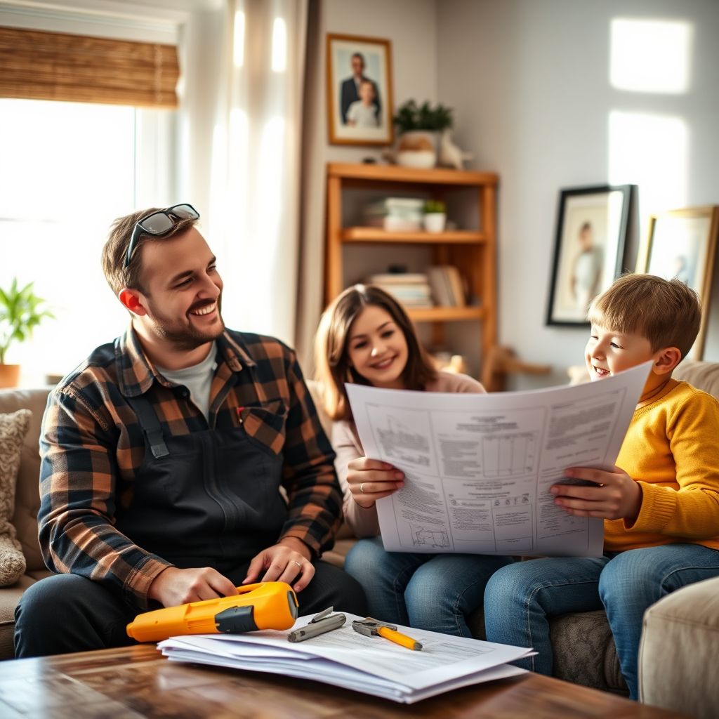 A photorealistic image representing the essence of 'Promoting electrician services to a local community in George, Western Cape, South Africa' features a close-up of a friendly electrician discussing project plans with a smiling family in their home. The composition conveys a warm atmosphere, using soft, natural light that casts gentle shadows around the cozy interior. The room is adorned with comfortable furniture and family portraits, reflecting a sense of belonging. Tools and electrical plans are subtly included, tying back to the theme of community and service. The color palette is soft and inviting, with emphasis on earth tones. The image should be in high-quality 4K resolution.