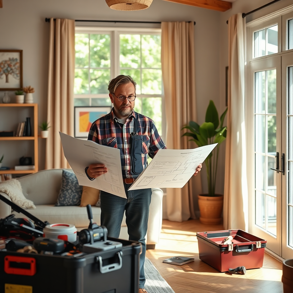 A photorealistic image showcases a knowledgeable electrician explaining electrical plans to a homeowner in their living room filled with natural light. The background includes engaging decor that reflects the identity of the George community, along with a professional workspace. The electrician demonstrates confidence, with a toolbox filled with modern equipment nearby. This image conveys professionalism and local expertise through its composition and color schemes. The image should be in 8K resolution.