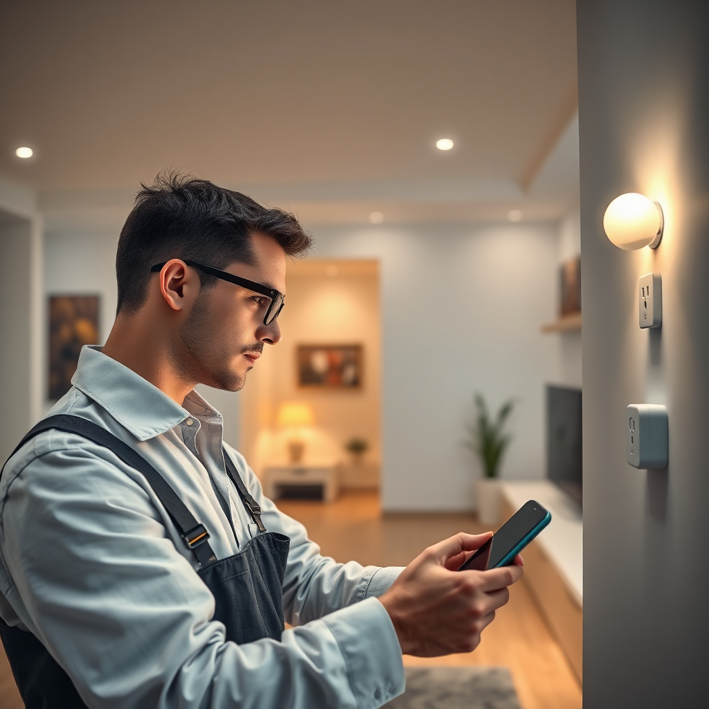 A photorealistic image showcases a modern smart home setup, illustrating an electrician programming smart devices. The home interior is sleek, featuring a blend of technology and comfort. Ambient lighting enhances the high-tech atmosphere, showcasing smart bulbs and outlets integrated into the walls. The electrician is focused, embodying professionalism and expertise. The color scheme is modern with crisp lines and a balanced palette. The image reflects innovation and future-oriented thinking. The image should be in 8K resolution.
