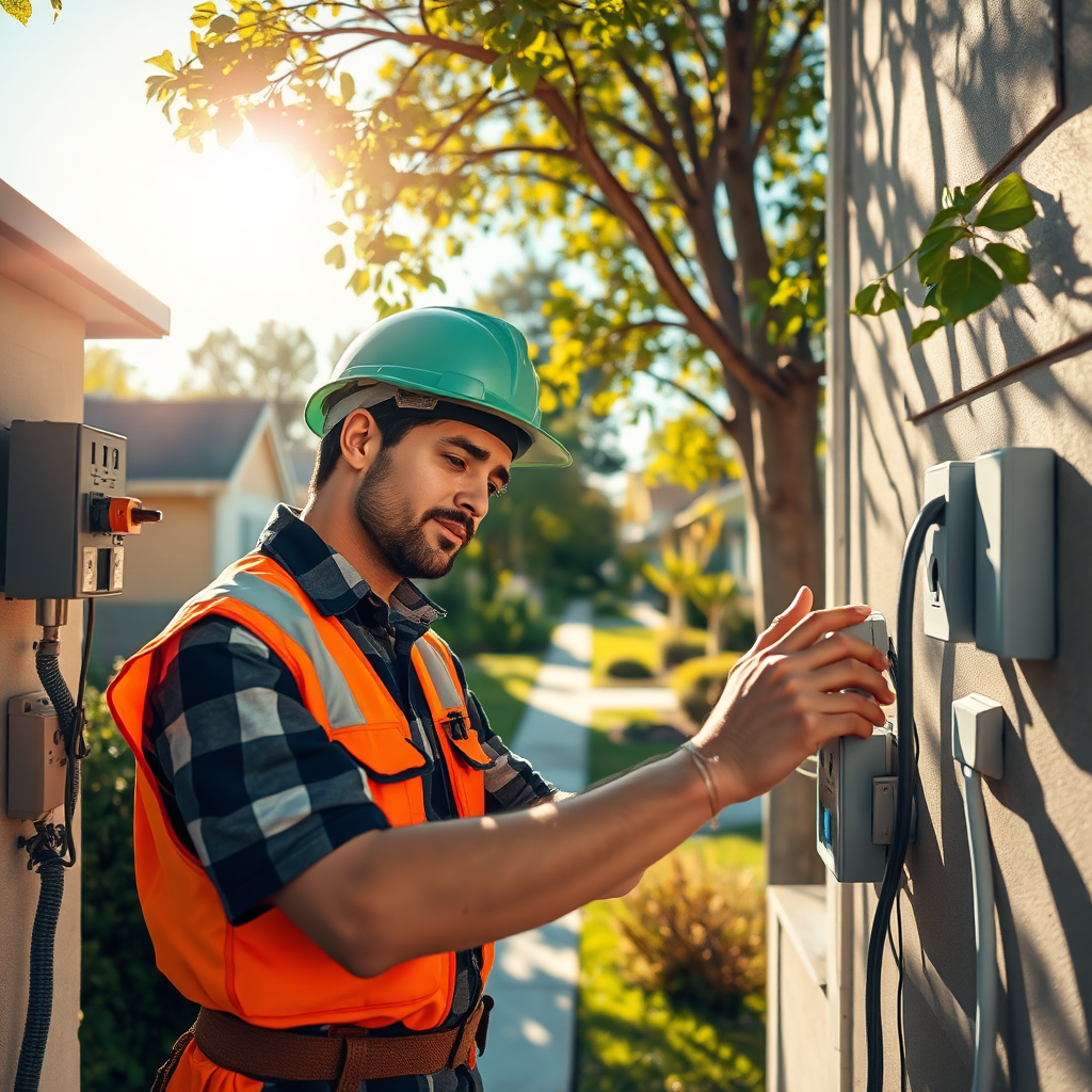 A stylized image portrays an electrician conducting a safety inspection in a residential area, demonstrating diligence and care. The electrician is depicted checking electrical panels and outlets while wearing appropriate safety gear. Surrounding trees and houses illustrate a sense of community. The warm sunlight filters through the branches, creating a peaceful and secure ambiance. The focus is on the importance of safety, with a comforting color palette. The image must be in high-quality 4K resolution.