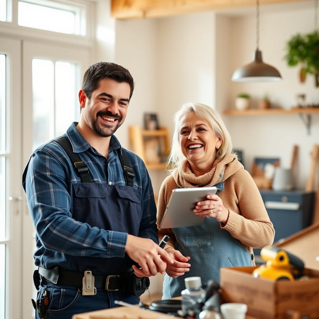 A vibrant image captures a smiling electrician engaging with a satisfied customer during a service call at their home, symbolizing exceptional customer care. The atmosphere is bright and cheerful, filled with natural light and homey decor. Both individuals appear relatable and friendly, reflecting trust and connection. The image composition focuses on their interaction, with tools and equipment lightly staged in the background. The warm color palette enhances the inviting feeling. The image should be in high-quality 4K resolution.