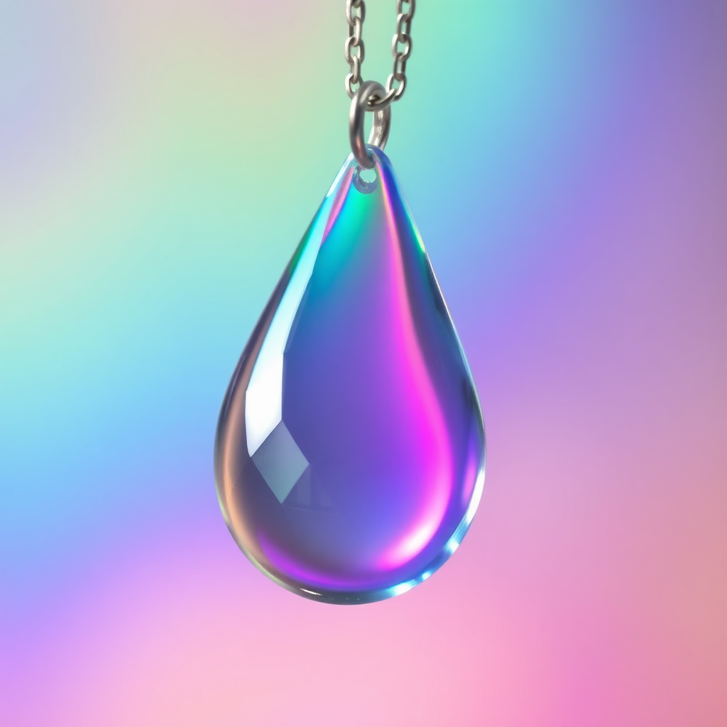 A close-up of an iridescent resin pendant. The pendant is shaped like a teardrop and catches the light, creating a rainbow effect. The background is blurred to emphasize the pendant. Color palette: iridescent, with shifting colors. 4K resolution, hyperrealistic.