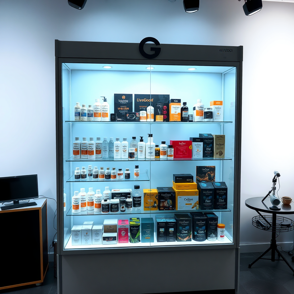 A display case full of LiveGood products, well lit, professional studio environment, 4K.