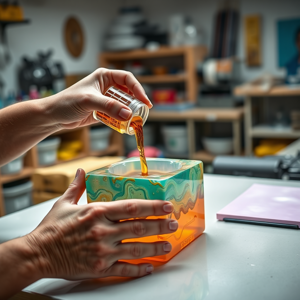 A pair of hands working on a custom resin piece. The hands are carefully pouring resin into a mold. The workshop is well-lit and organized. Color palette: bright and vibrant, reflecting the colors of the resin. 4K resolution, photorealistic.