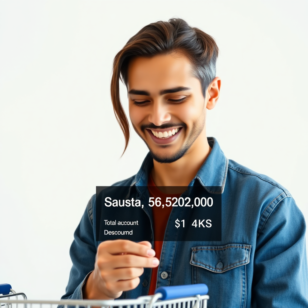 A person smiling while looking at their cart, the total amount being discounted, clean background, 4K.