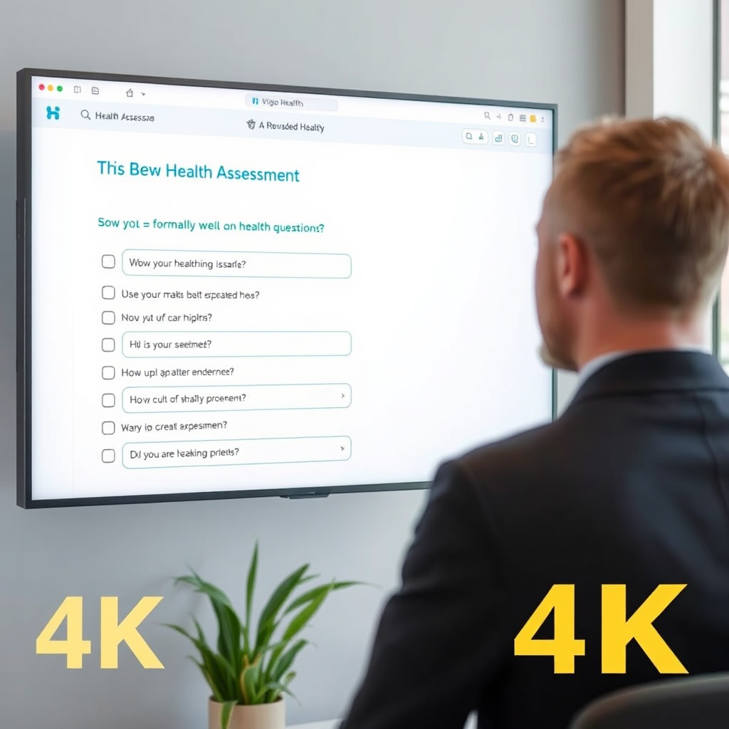 A person taking a health assessment, focus on user friendly interface, simple questions, professional environment, 4K.
