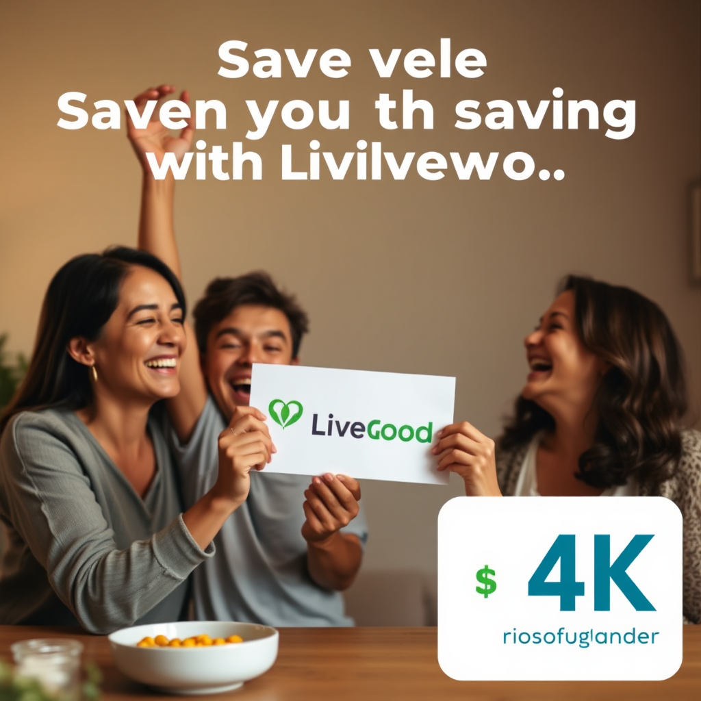 A photorealistic image of a family celebrating their savings with LiveGood, emphasizing the affordability and value of the membership. Warm, joyful lighting. 4K resolution.