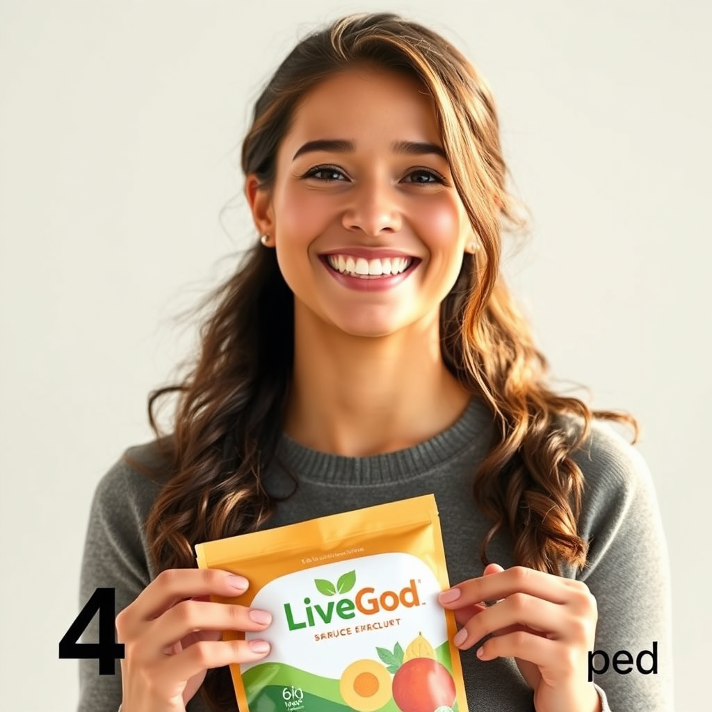 A photorealistic image of a person smiling and holding a LiveGood package, emphasizing the savings aspect with a subtle discount label. Bright, cheerful lighting. 4K resolution.
