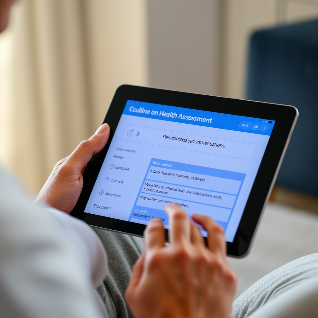 A photorealistic image of a person taking an online health assessment on a tablet, with a focus on the screen showing personalized recommendations. Soft, natural lighting. 4K resolution.