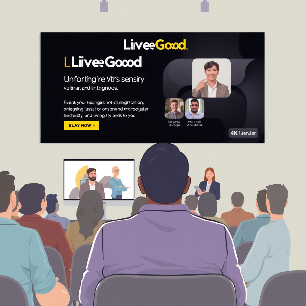 A stylized image of a person attending a LiveGood webinar or workshop, with engaging visuals and expert speakers. The scene should be informative and inspiring. 4K resolution.