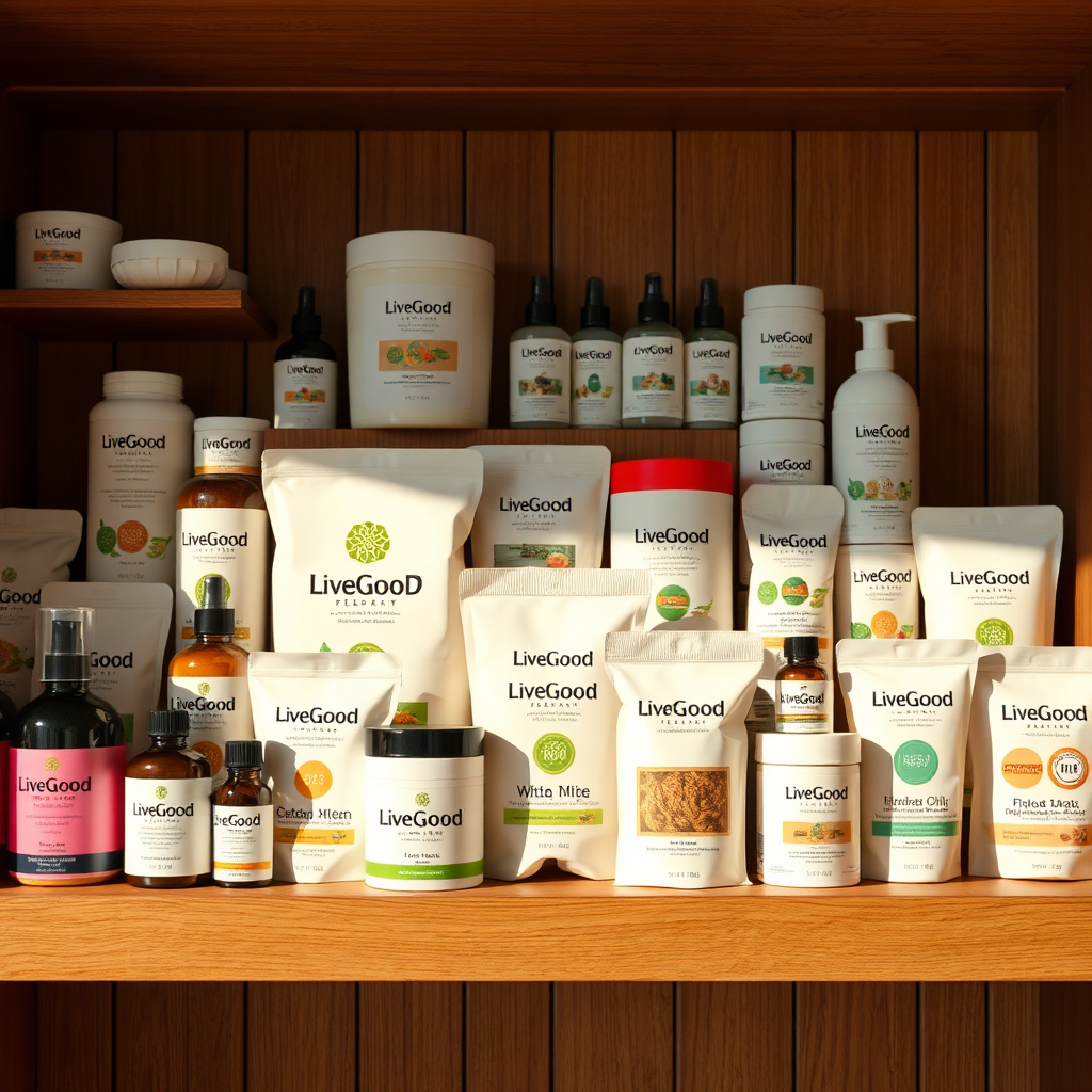 A stylized image of a shelf stocked with various LiveGood products, arranged aesthetically to showcase the diversity and quality of the collection. Warm, inviting lighting. 4K resolution.