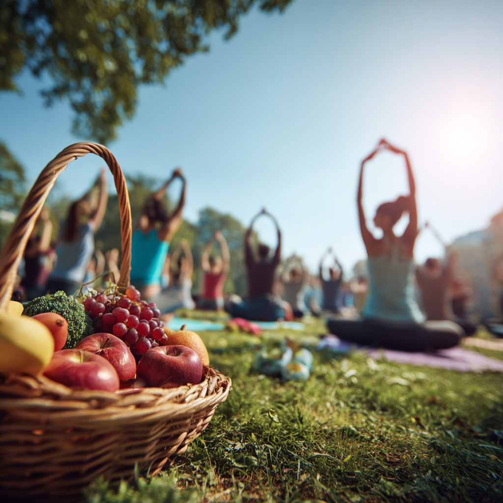 Photorealistic image of a diverse group of people practicing yoga outdoors in a sunny, green park. The focus is on their relaxed postures and the natural, vibrant surroundings. The sky is clear and blue. In the foreground, place a basket filled with organic fruits and vegetables. The overall mood should convey health, vitality, and community, representing clean living.