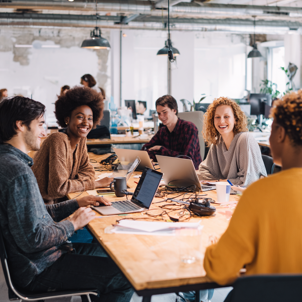 A diverse group of people smiling and working together in a brightly lit, modern co-working space. They are collaborating on laptops and discussing ideas. The atmosphere is energetic and supportive, symbolizing the empowerment of everyday people through shared goals and resources.