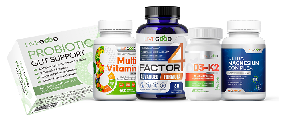 A photorealistic image of LiveGood product bottles arranged beautifully on a clean white surface, with green plants in the background. Focus on the labels, highlighting the 'clean' and 'natural' aspects of the product composition. Use soft, diffused lighting. 4K resolution.