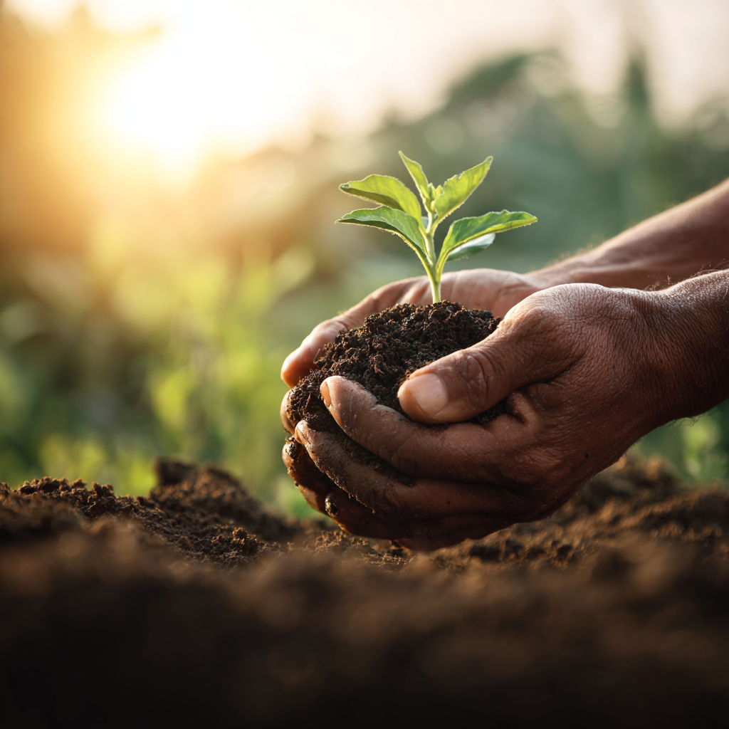 Photorealistic image depicting two hands gently holding a seedling in rich soil. The background features a blurred landscape of a vibrant, healthy garden. The lighting is soft and warm, emphasizing the nurturing aspect of growth and the harmonious relationship between living well and earning well.