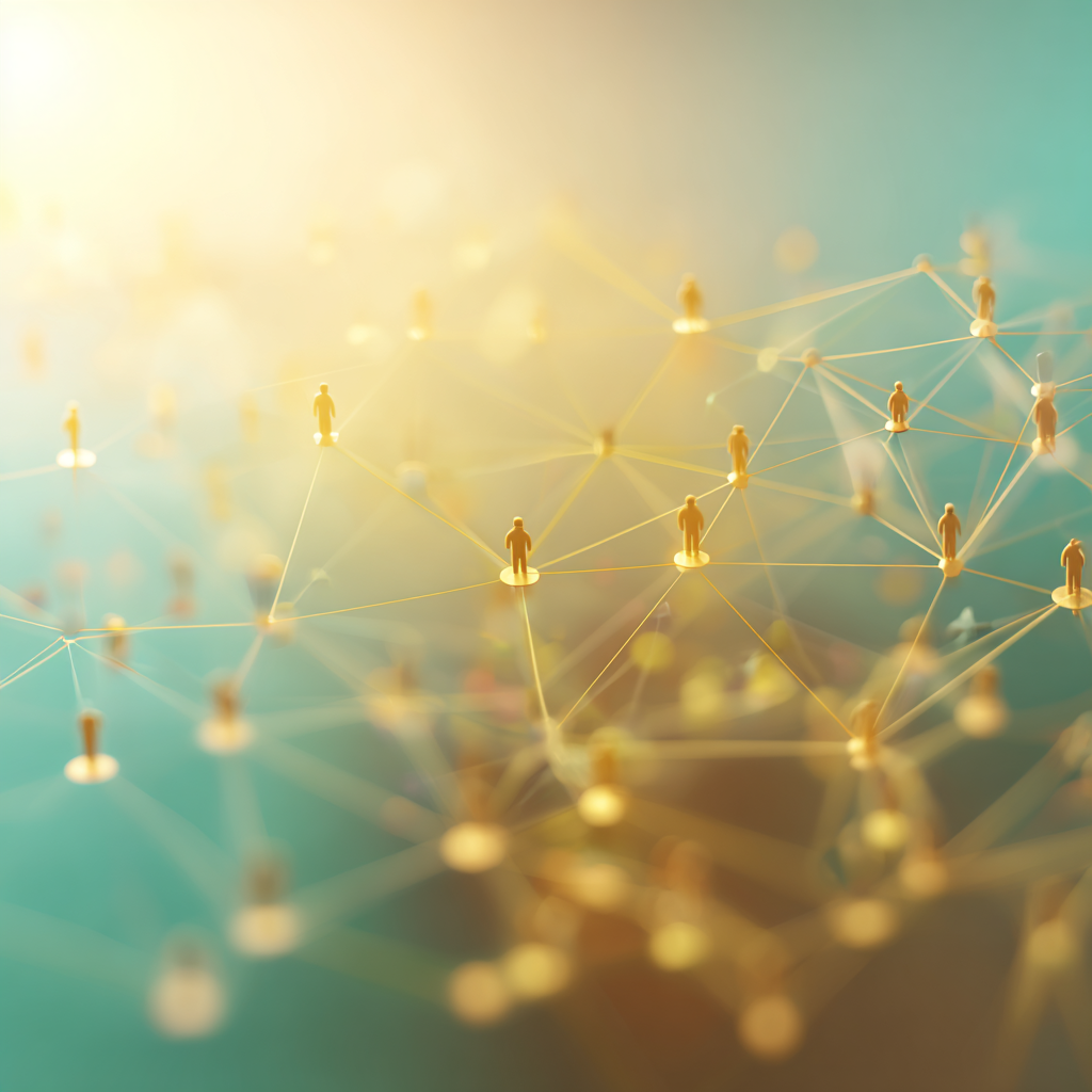 Stylized, slightly abstract image depicting a network of interconnected glowing nodes, each representing an individual. The nodes are connected by lines that symbolize collaboration and shared purpose. The color palette is warm and inviting, featuring shades of gold, green, and blue. The background is a soft, blurred gradient, creating a sense of unity and forward momentum, embodying purpose-driven work.