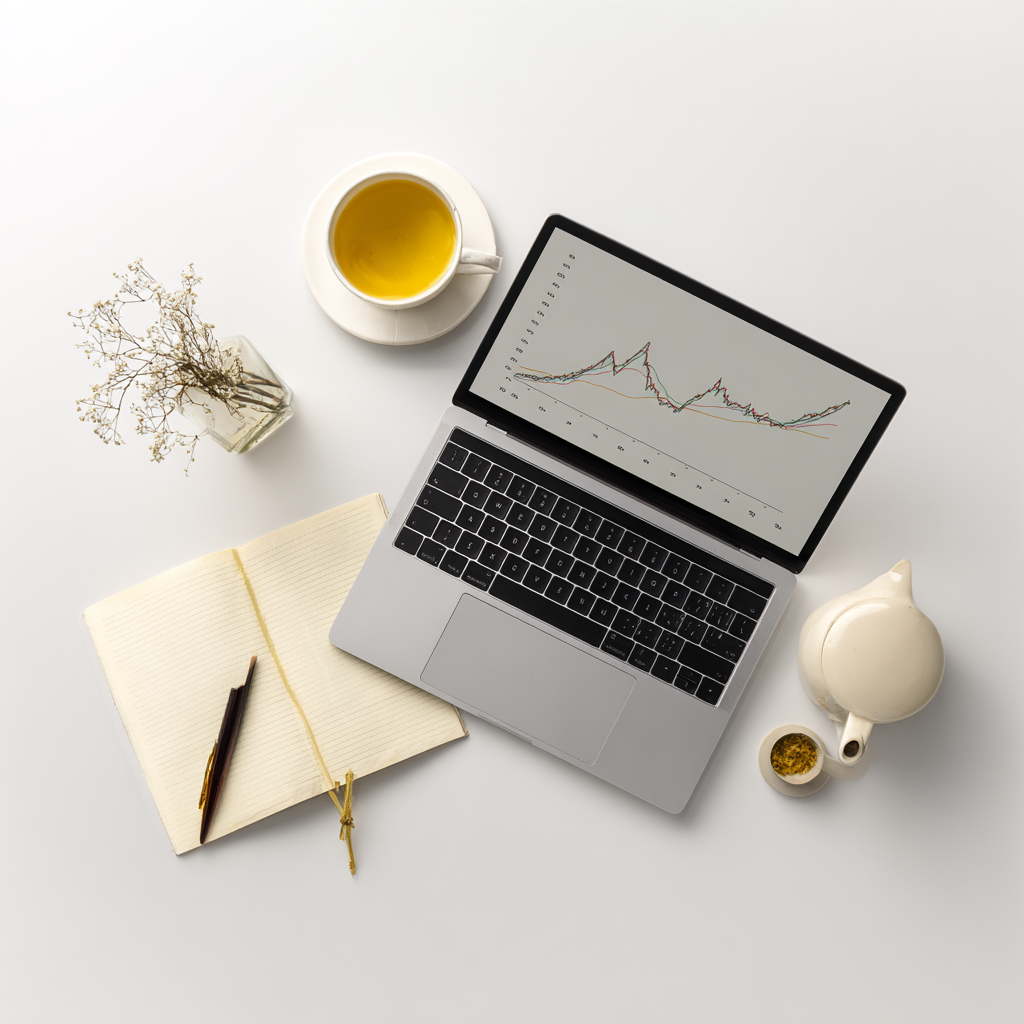 A flat-lay style image featuring a laptop displaying a graph trending upwards, surrounded by wellness-related items such as essential oil bottles, a journal, and a pen. The background is a clean, minimalist white surface. The lighting is bright and even, emphasizing the upward trajectory of the graph and the harmonious blend of wellness and income potential.