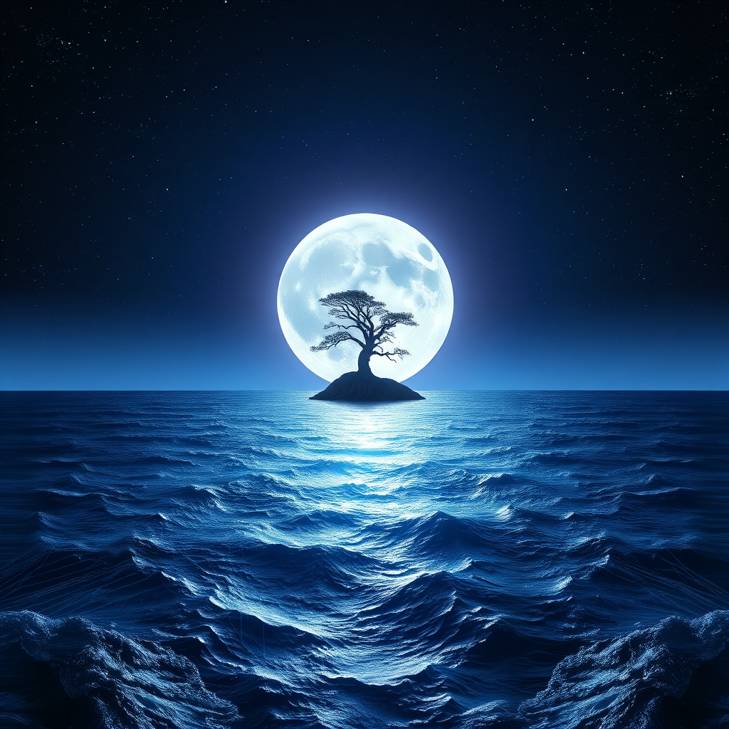 A breathtaking, photorealistic 8K resolution image depicting a luminous moon casting a trail of light across a vast, starlit ocean. In the foreground, intricate digital circuitry subtly overlays the ocean surface, symbolizing the fusion of technology and creativity. A stylized, ancient tree silhouette stands on a small island in the distance, representing storytelling and myth. The color palette should be dominated by deep blues, purples, and shimmering silver highlights, creating a sense of wonder and innovation. The camera angle is a wide, panoramic shot, capturing the immensity of the scene. The texture of the water should be realistically rendered, with subtle waves and reflections. The overall mood is one of serene power, reflecting the essence of Moon Trail Publishing as a creative web development studio. Hyperrealistic detail, dramatic lighting.