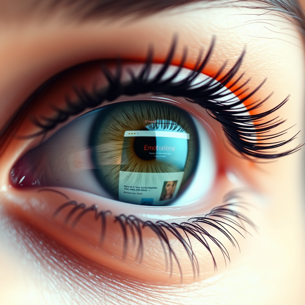  A photorealistic close-up image of a human eye reflecting a stylized website interface, with subtle emotional cues displayed. The eye should appear empathetic and engaging, with realistic reflections and textures. The color palette incorporates soft, warm tones to convey a sense of human connection. The lighting is soft and diffused, highlighting the eye's expressiveness. This represents emotionally intelligent web design.
