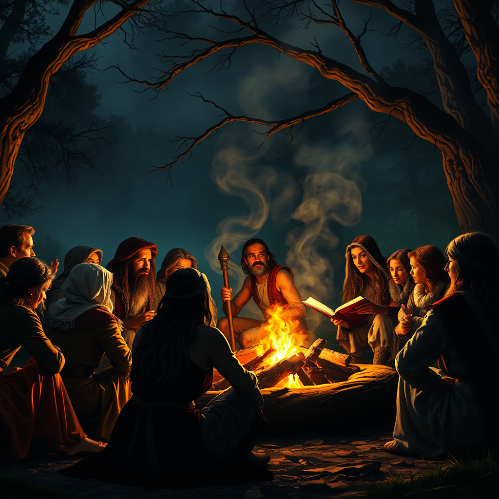 A photorealistic image depicting a group of people gathered around a campfire, listening to a storyteller weave a captivating tale. The storyteller's face is illuminated by the warm glow of the fire, conveying the power and magic of storytelling. The audience is rapt and engaged, demonstrating the enduring appeal of mythic narratives.