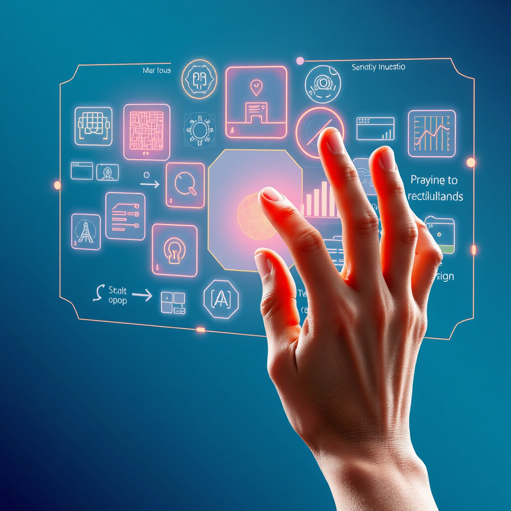 A photorealistic image depicting a human hand interacting with a holographic interface powered by AI. The AI interface displays a variety of creative tools and data visualizations. The human hand is expressive and engaged, demonstrating the power of human-AI collaboration. The color palette is bright and optimistic, emphasizing the potential for innovation.