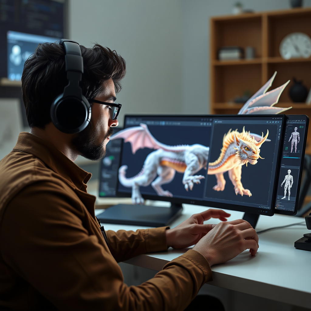 A photorealistic image of a designer using AI-powered software to create a stunning 3D model of a mythical creature. The software interface is intuitive and user-friendly, allowing the designer to focus on their creative vision. The creature is rendered in intricate detail, showcasing the power of AI augmentation.