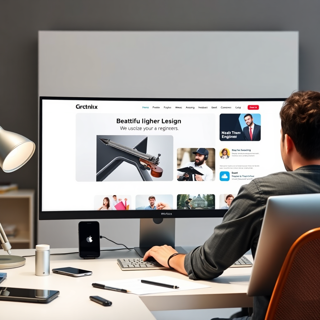 A photorealistic image of a designer working on a sleek, modern website interface on a large monitor. The website features clean lines, intuitive navigation, and engaging visuals. The designer is focused and engaged, demonstrating the passion and expertise that goes into creating a beautiful website.