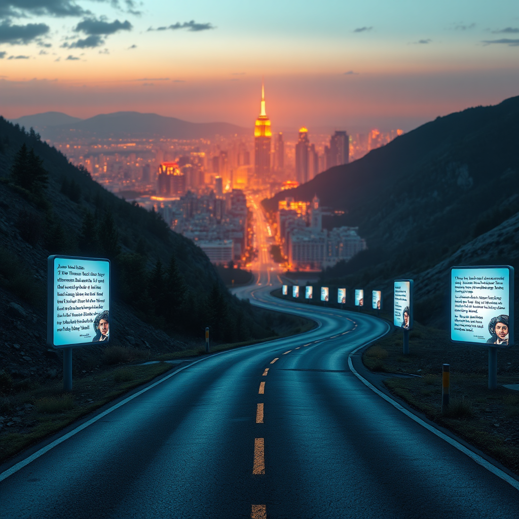 A photorealistic image of a winding road leading to a vibrant, futuristic city. The road is lined with interactive billboards displaying fragments of a narrative. The city in the distance glows with a warm, inviting light. The color palette incorporates bold, saturated colors to emphasize the excitement and potential of the journey.