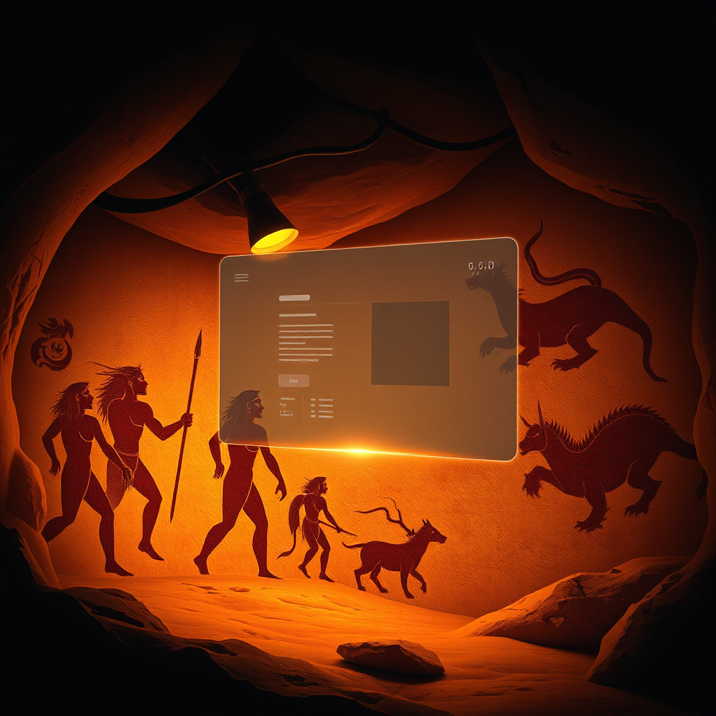  A stylized image depicting a modern user interface overlayed with ancient cave paintings depicting heroic figures and mythical creatures. The user interface is sleek and modern, contrasting with the primal imagery of the cave paintings. The color palette incorporates earth tones and vibrant highlights to emphasize the connection between the past and the present. The lighting is dramatic and evocative, creating a sense of timelessness.