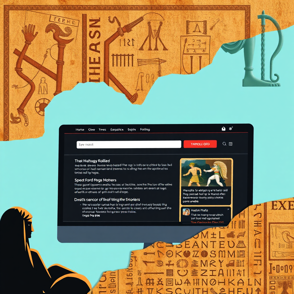 A stylized image depicting a modern website interface overlaid with fragments of ancient mythology, such as Greek gods, Norse runes, or Egyptian hieroglyphs. The overlay is subtle and artistic, creating a sense of timelessness and cultural depth. The color palette is rich and evocative, reflecting the grandeur of the myths.