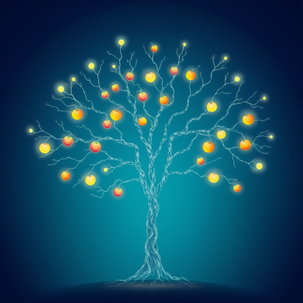  A stylized image depicting a neural network branching out to form the shape of a tree with glowing fruit, each fruit representing a different story or piece of content. The background is a deep blue gradient, representing the vastness of the digital world. The branches are intricately detailed, showcasing the complexity of AI. The lighting is soft and ethereal, creating a sense of wonder and possibility.