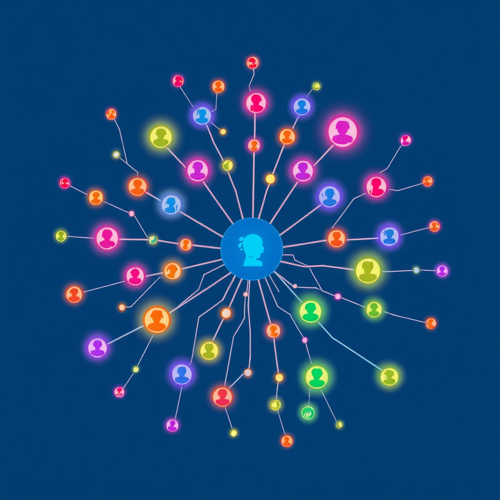 A stylized image depicting a web of interconnected nodes, each node representing a user's profile and preferences. The nodes glow with different colors based on the user's emotional state. A central AI entity orchestrates the flow of information. The overall effect is one of a living, breathing organism.