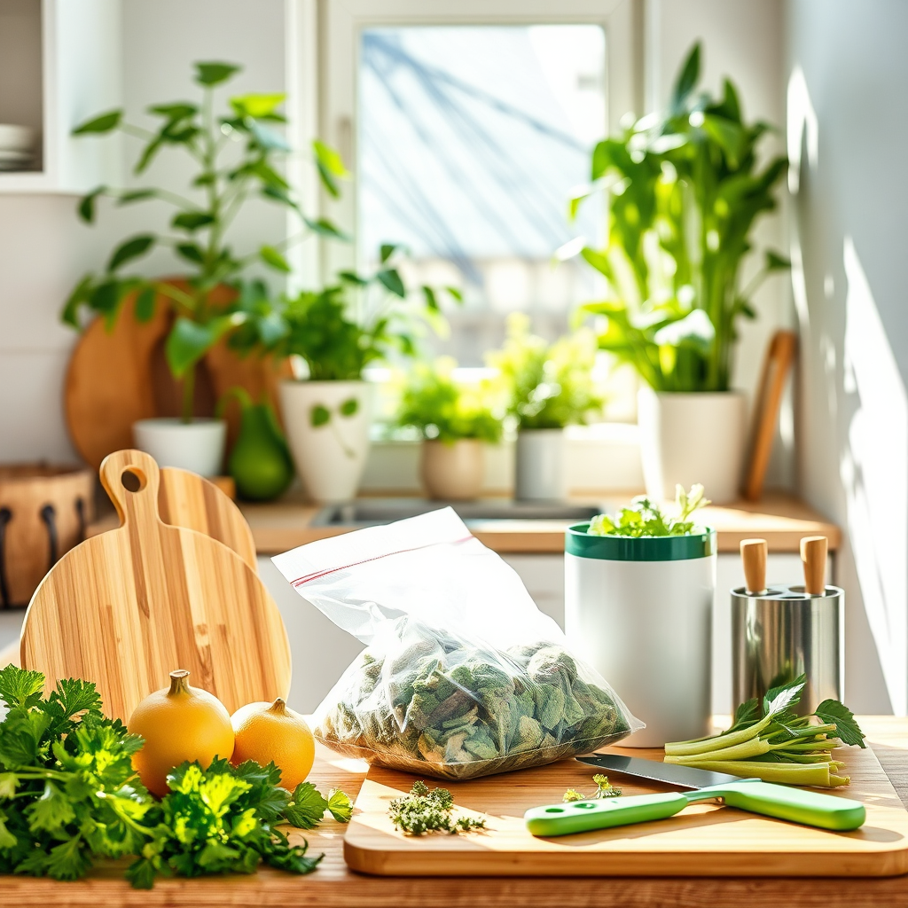 A bright, eco-friendly kitchen scene showcasing sustainable kitchen gadgets made from recycled materials. The layout highlights a compost bin, reusable storage bags, and bamboo cutting boards, creating a clean and modern aesthetic. The sunlit environment features greenery, emphasizing freshness. The color palette incorporates earthy tones and vibrant greens, while the camera angle captures the clever arrangement of these eco-gadgets. Textural details enhance the natural look of materials used. The image embodies the essence of sustainability in the kitchen.