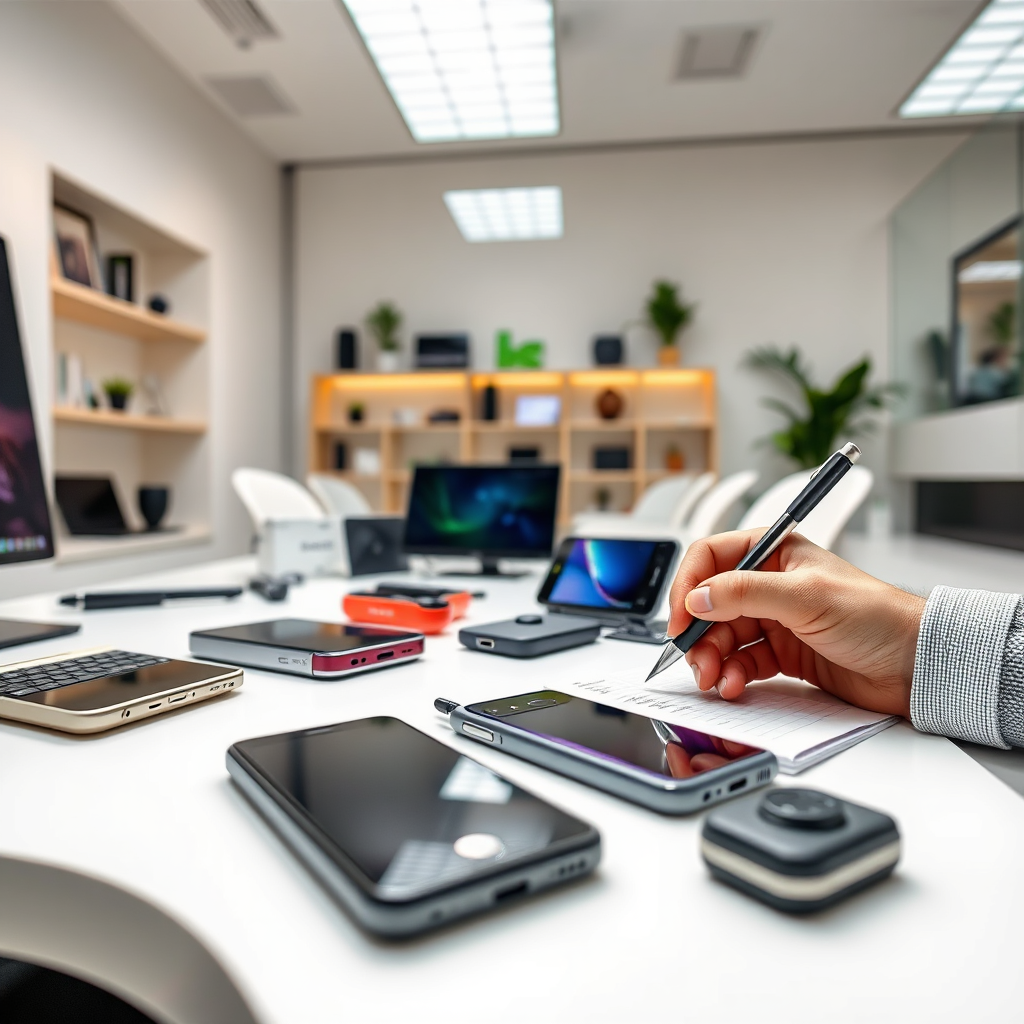 A clean, modern workspace showcasing a gadget review process with devices being tested, arranged neatly on a stylish desk. The lighting is bright, accentuating the gadgets’ details with a professional vibe. The color palette is neutral with vivid gadgets adding pops of color. The camera angle captures a close-up of a reviewer taking notes while gadgets are on display, illustrating thoroughness and transparency in the review process.