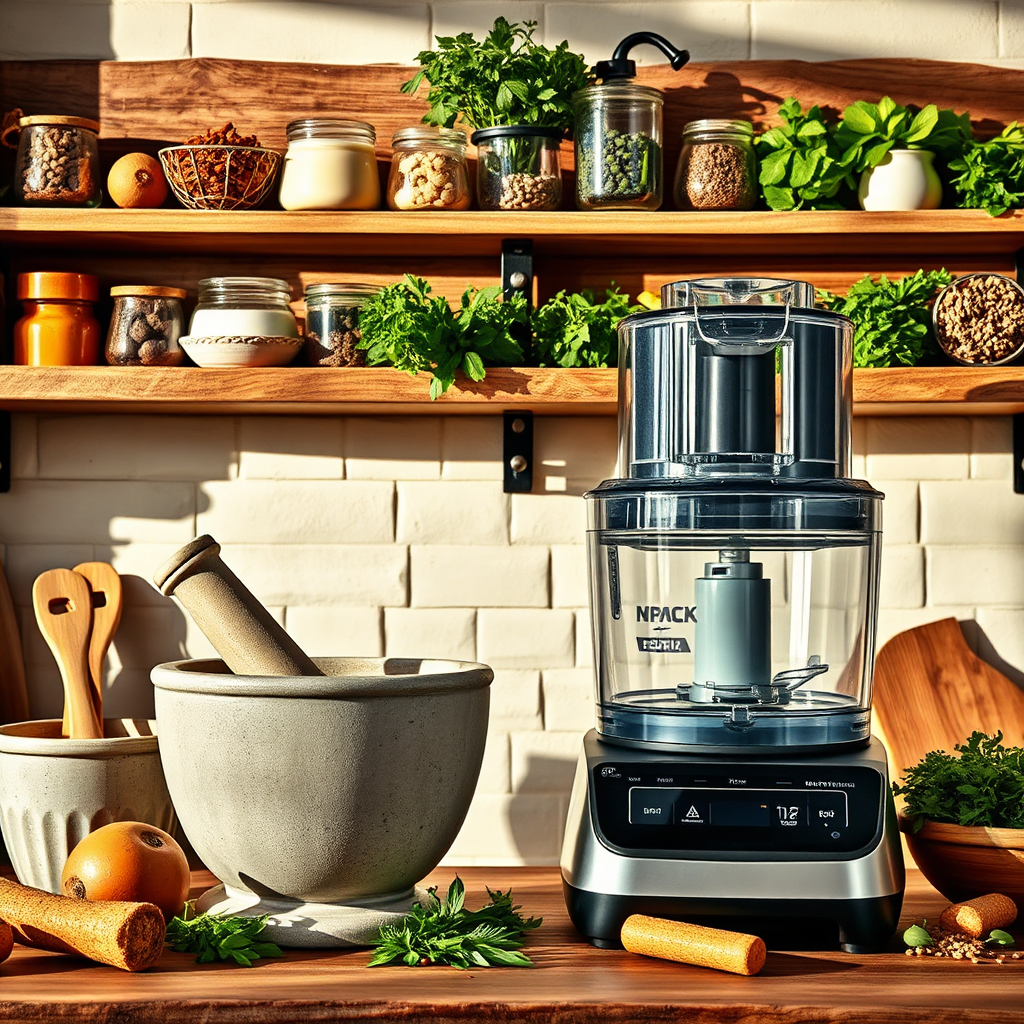 A harmonious snapshot showcasing a blend of classic and modern kitchen tools, like a traditional mortar and pestle alongside a high-tech food processor. The environment is warm and inviting, with rustic wooden shelves filled with spices and herbs. The lighting is soft, casting gentle shadows highlighting the contrast between the simple and the complex. The color palette incorporates warm earth tones to symbolize reliability and tradition. This image emphasizes functionality alongside the evolution of kitchen essentials.