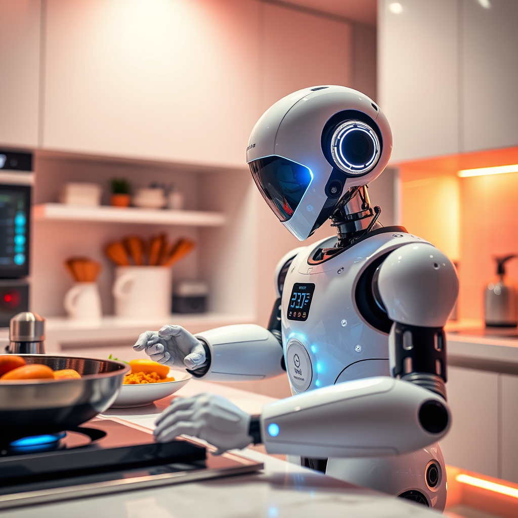 A photorealistic image depicting futuristic kitchen gadgets like an automated cooking robot and smart kitchen appliances. The scene is set in a modern kitchen ambiance, with vibrant colors signifying innovation and trendiness. The lighting is bright, highlighting the sleek designs of the gadgets. The camera angle focuses on the gadgets in action, demonstrating their efficiency and creativity. Details like digital interfaces and high-tech materials are visible. The image should inspire excitement about the future of cooking.