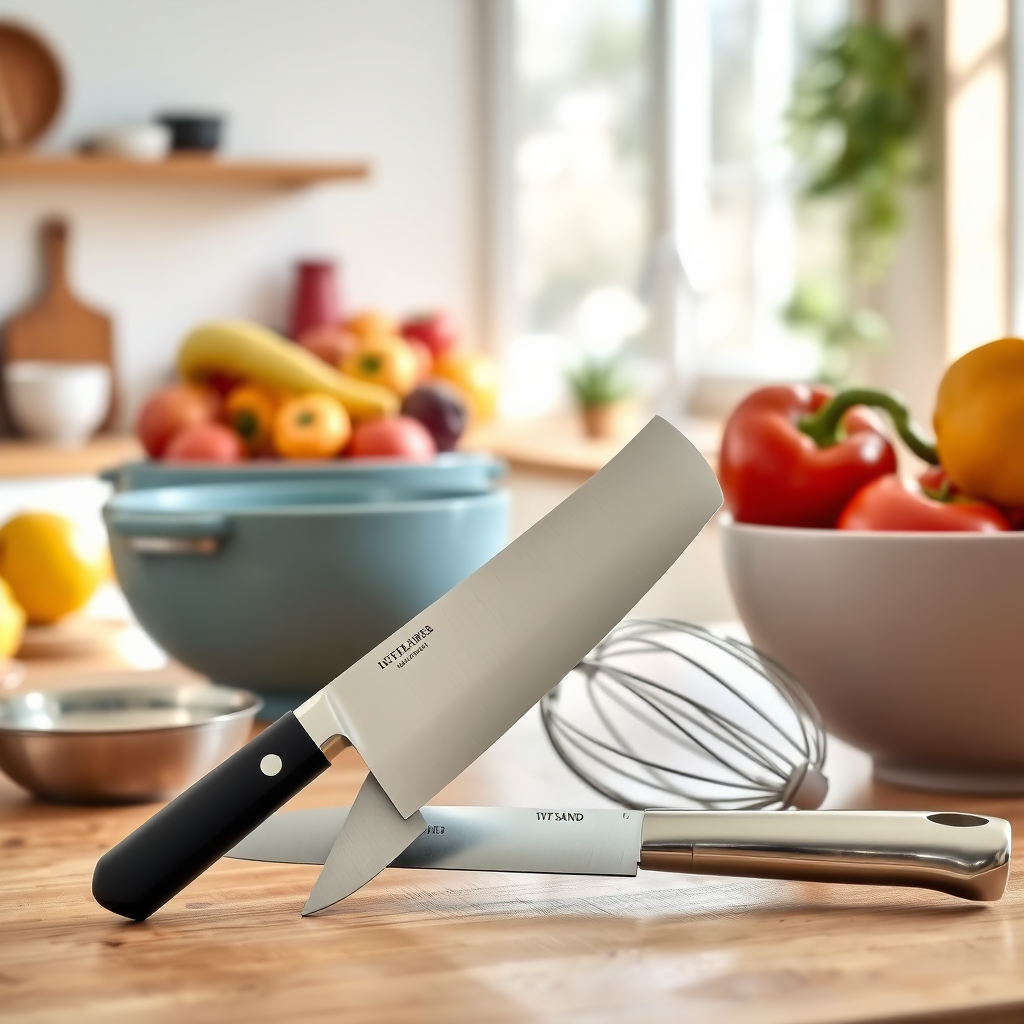 A sleek image of timeless kitchen gadgets like a high-quality chef’s knife and versatile mixing bowls, laid out in a bright, organized kitchen. The background includes a stylish wooden countertop adorned with colorful fruits and vegetables, natural light streaming through a nearby window. The color palette is fresh and earthy, with rich textures of wood and metal highlighted. The angle captures a blend of utility and aesthetics, showcasing the significance of timeless tools in modern cooking.