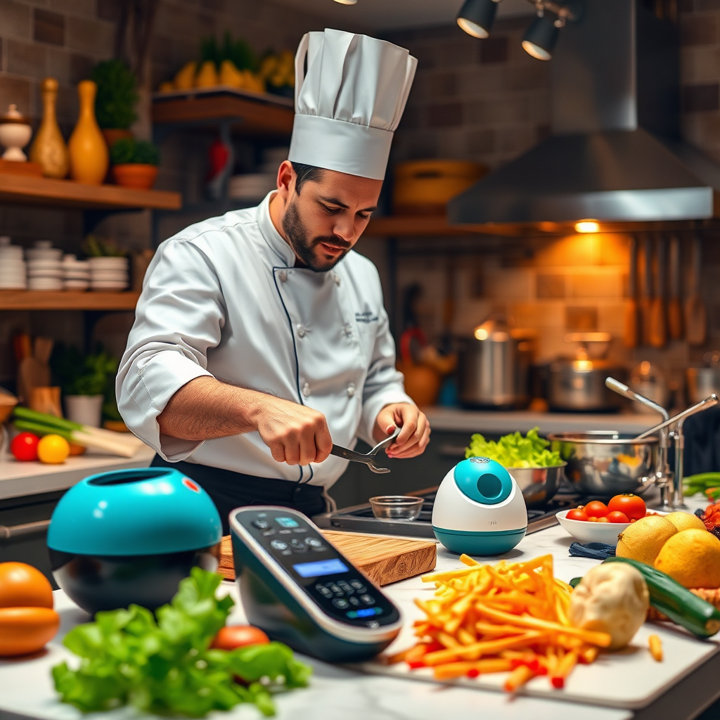 A vibrant, engaging kitchen setting where a chef demonstrates cooking techniques using trending gadgets. The layout includes colorful ingredients and tools in use, creating a lively atmosphere. Warm, focused lighting enhances the appeal of the cooking process. The camera angle captures both the chef and the gadgets in action, inviting viewers into the tutorial. Textures of the ingredients add freshness and excitement, making it relatable and educational.