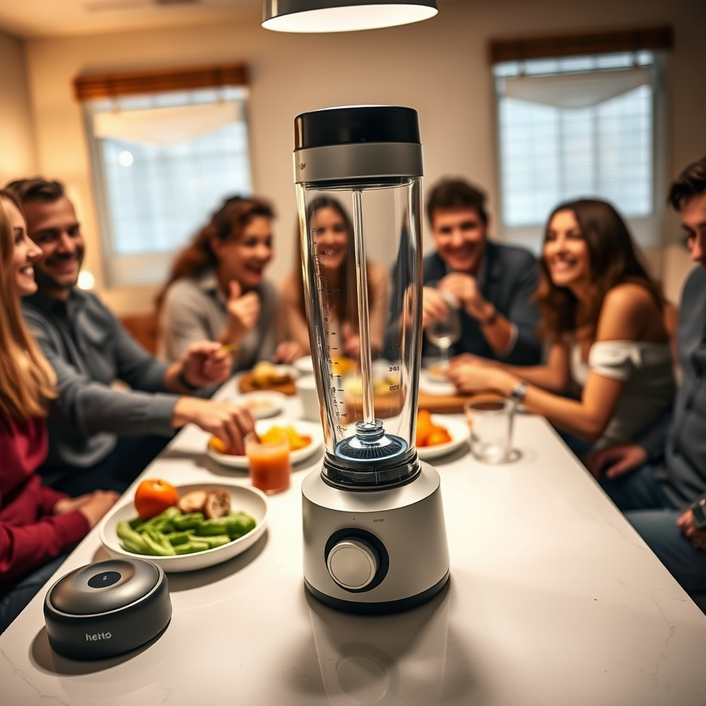 An engaging image capturing a diverse group of gadgets that serve multiple purposes—such as a kitchen gadget that also functions as a blender and a serving tray. The seated environment shows friends enjoying a meal together, promoting social interaction. The color palette includes warm, inviting tones, while soft lighting enhances the atmosphere. The camera angle invites viewers into the social gathering, emphasizing joy and innovation. This representation illustrates the theme of cross-niche utility vividly.